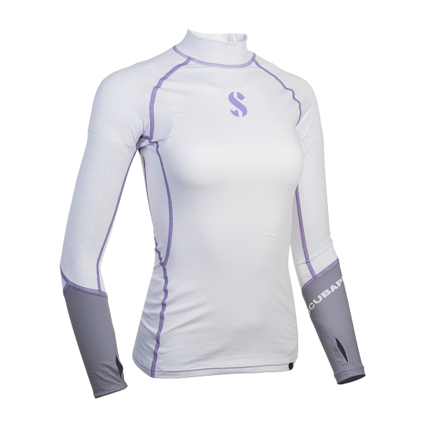 T-Flex Rash Guard for women with long sleeves. White with purple stitching and a coral-inspired pattern. Purple-grey Scubapro logo on the chest