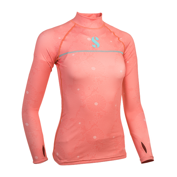 T-Flex Rash Guard for women with long sleeves. Pink (Coral) and white with a coral-inspired pattern. Grey Scubapro logo on the chest