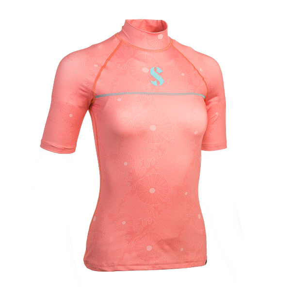 Women�s short-sleeve T-Flex Rash Guard in pink (Coral) with a coral-inspired pattern. Grey Scubapro logo on the chest