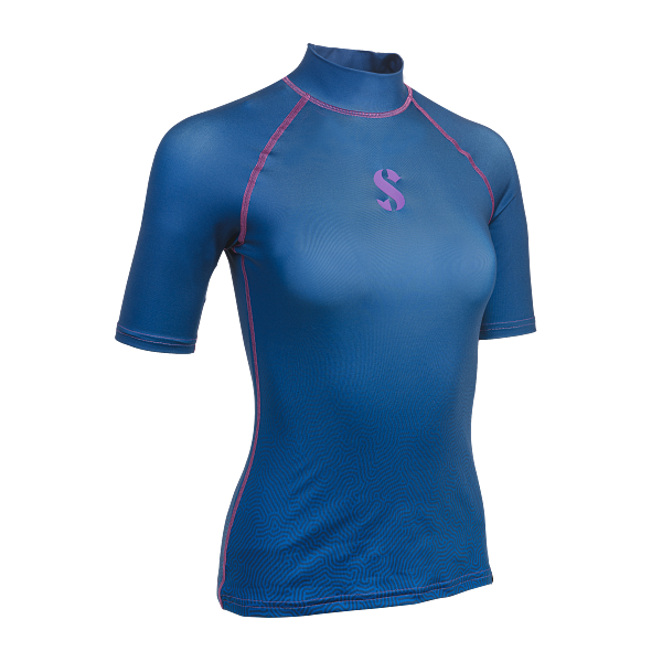 Women�s short-sleeve T-Flex Rash Guard in blue (Ocean) with a coral-inspired pattern. Purple Scubapro logo on the chest