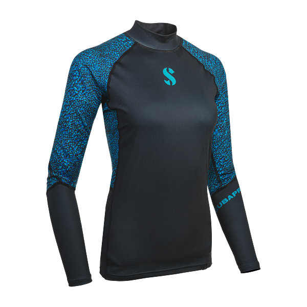 T-Flex Rash Guard for women with long sleeves. Black and turquoise Jelly design on the shoulders and a black chest with turquoise Scubapro logo