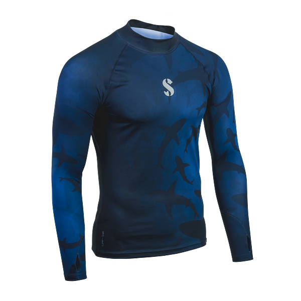 Scubapro long-sleeve rash guard for men with shark design. UPF 50 sun protection.