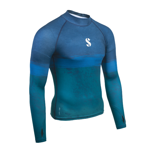 Scubapro long-sleeve rash guard for men with wave and coastline design. Blocks up to 98% UV light.