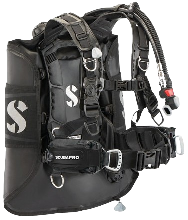 Scubapros Hydros Pro 2 som visar sitt Monprene-baserade BCD-selesystem